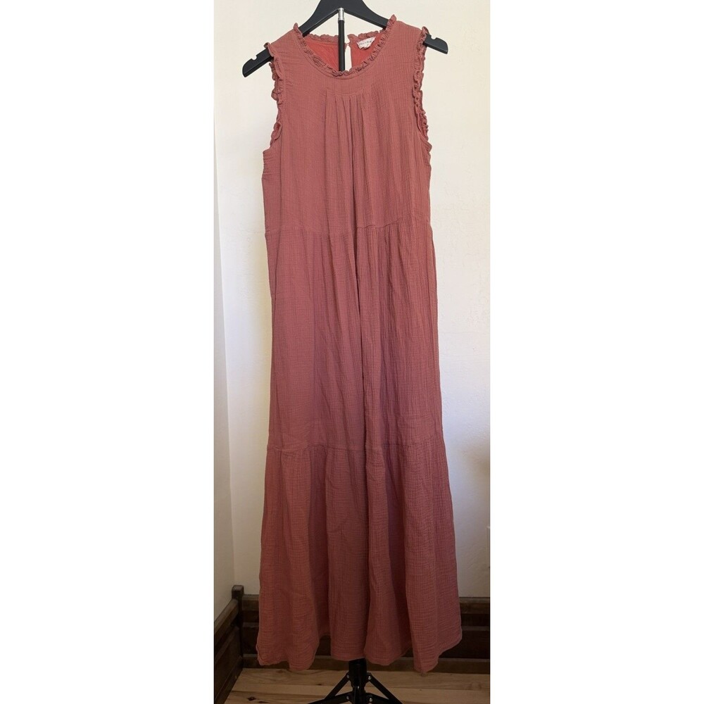 Hem & Thread Coral Rust Gauze Maxi Dress S Sleeveless Ruffle Tiered Boho Chic